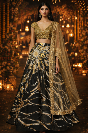 Antique Gold sequins blouse with black gold woven skirt and dupatta - Custom image