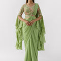 Green Pre Drape Saree Set image 0