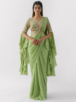 Green Pre Drape Saree Set image 0