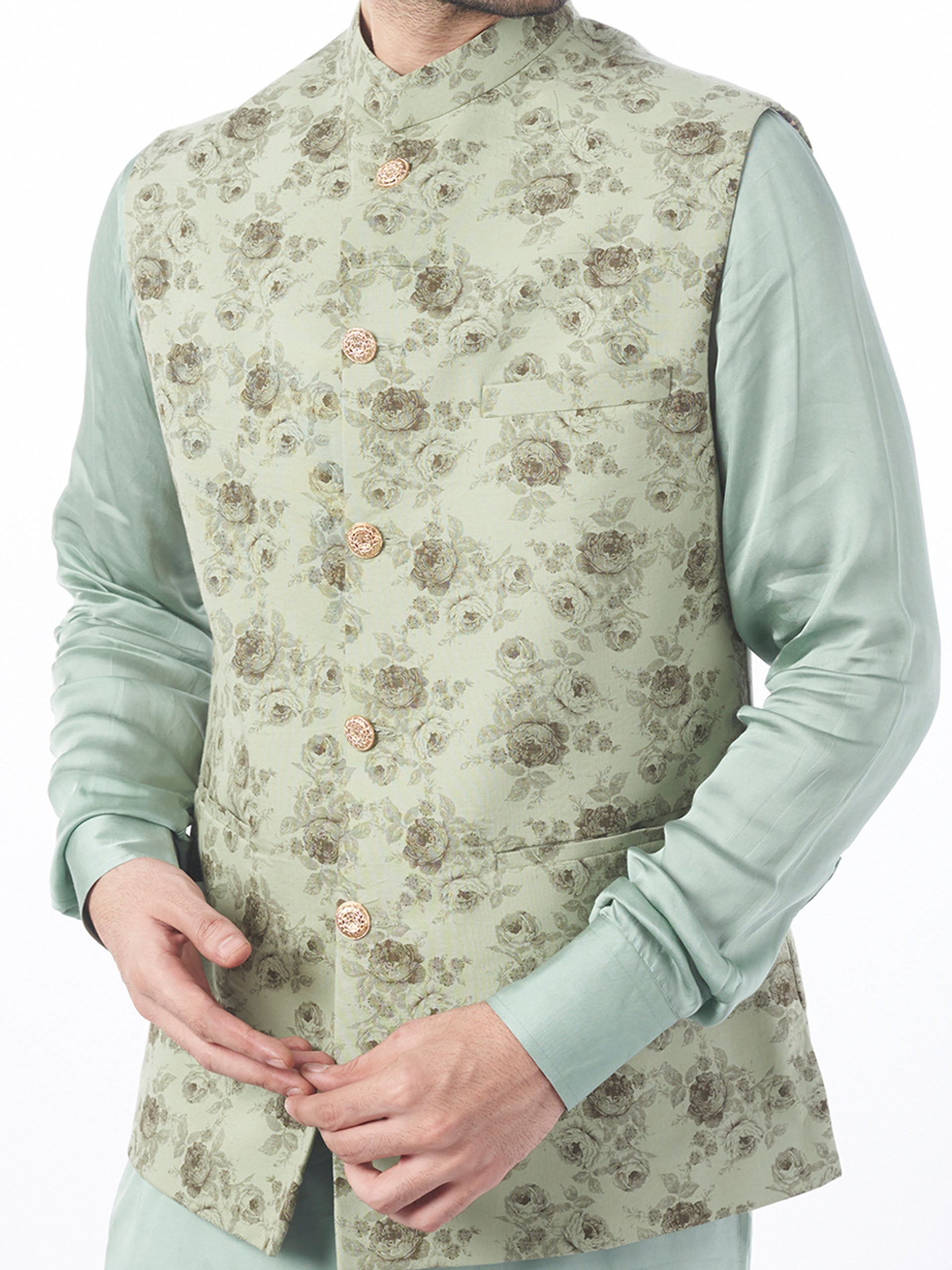 Green Rose Print Bundi Jacket Set image 1