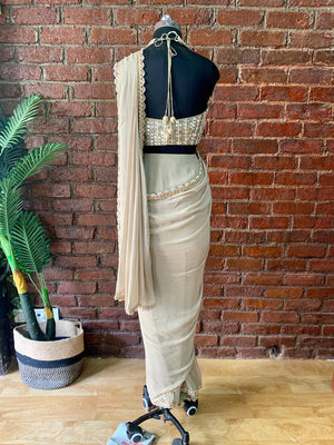 Beige Pre-stitched Saree With Mirror Blouse image 4