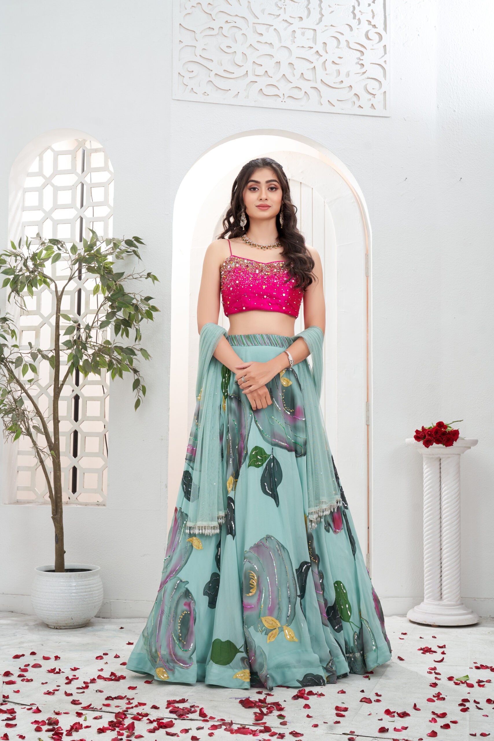 Dusty Blue hand painted lehenga with Pink embroidered bustier set image 1
