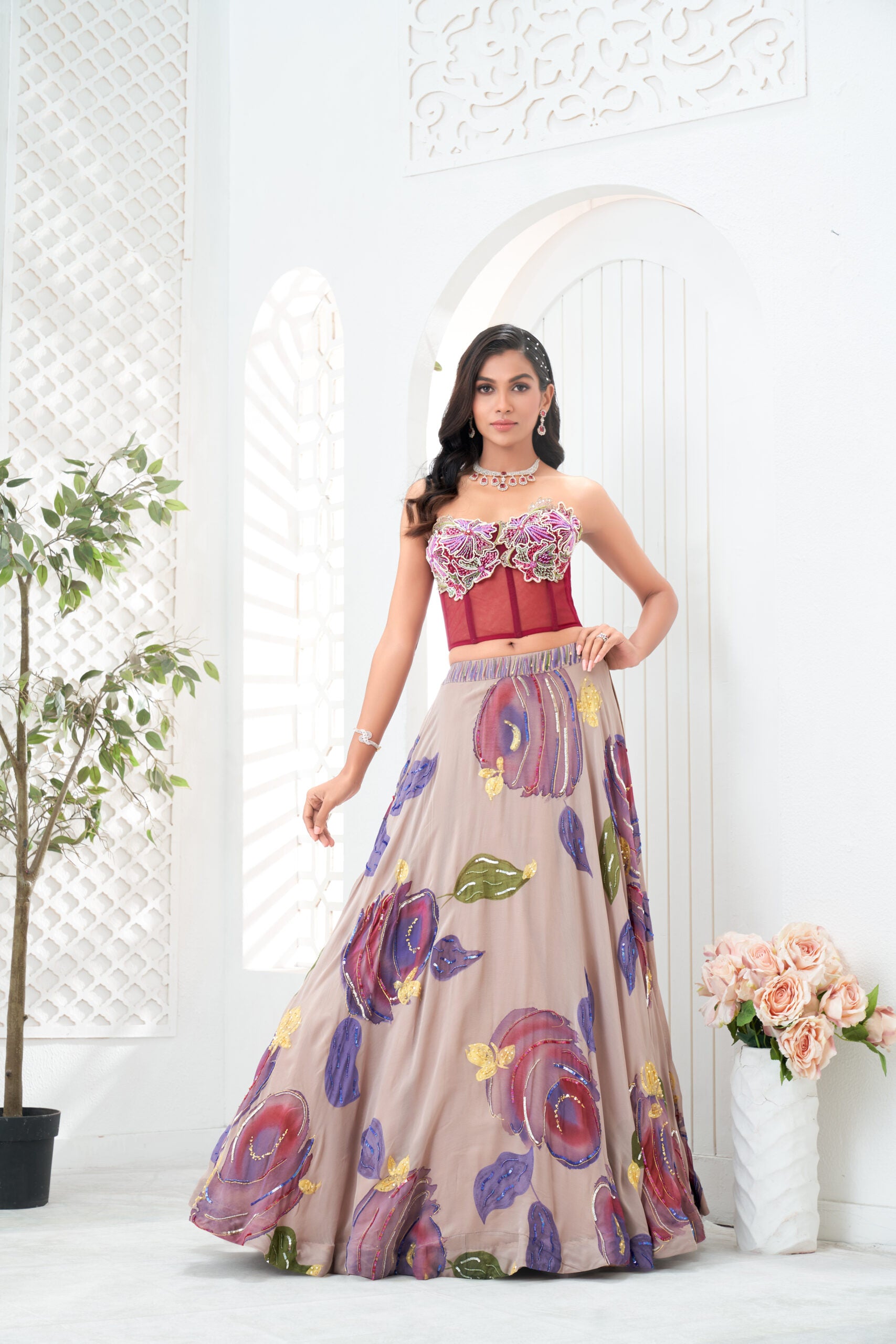 Mauve hand painted lehenga and floral corset set - Custom image