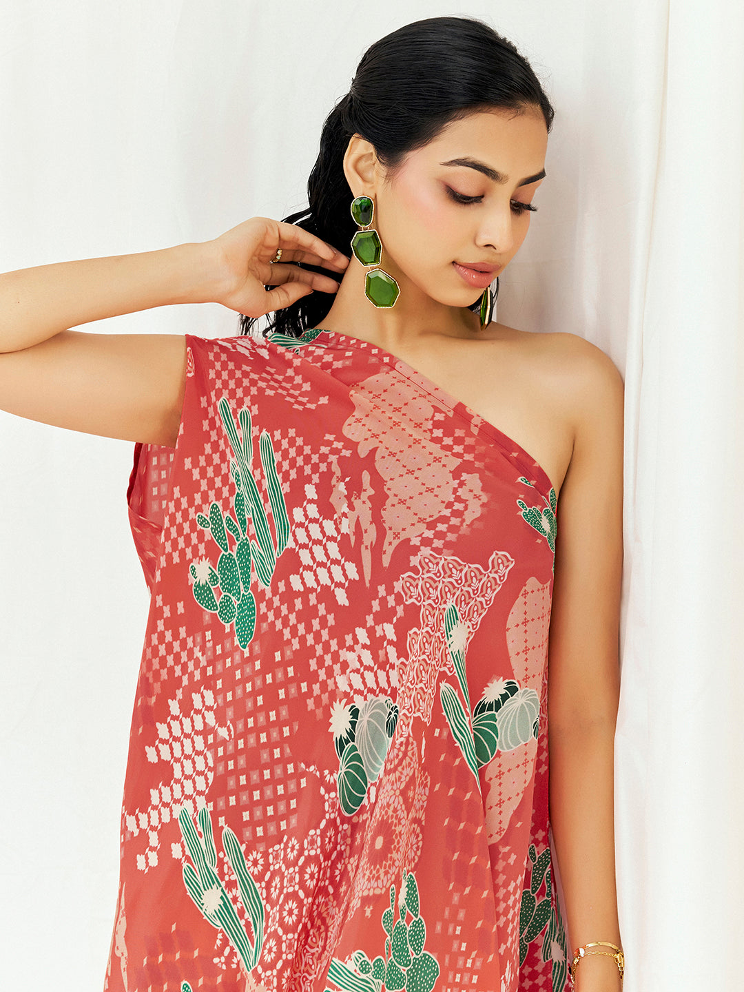 Red Printed Kaftan Set with Pants image 3