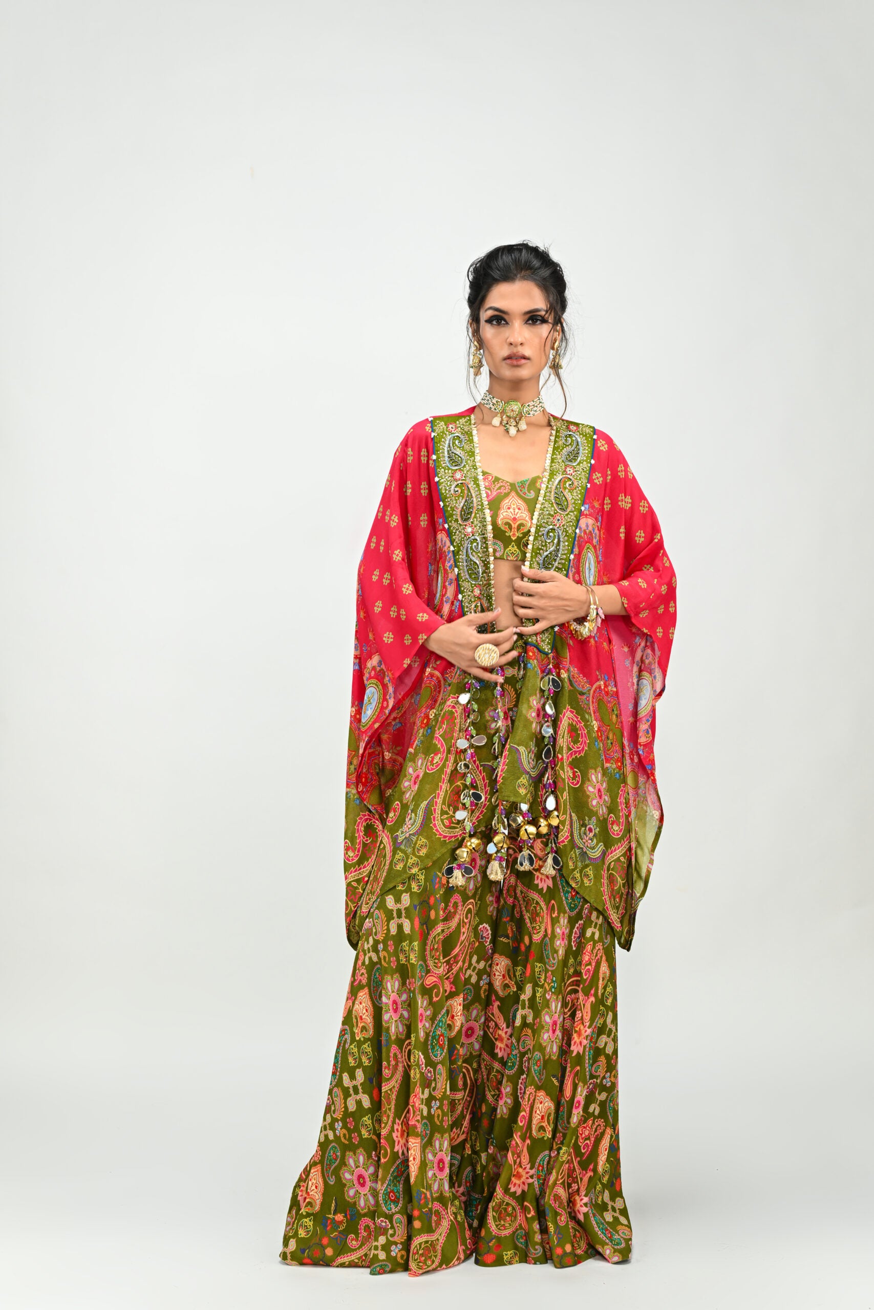 Olive Highlighted Sharara Bralette Paired With Dual Print Toga image 1