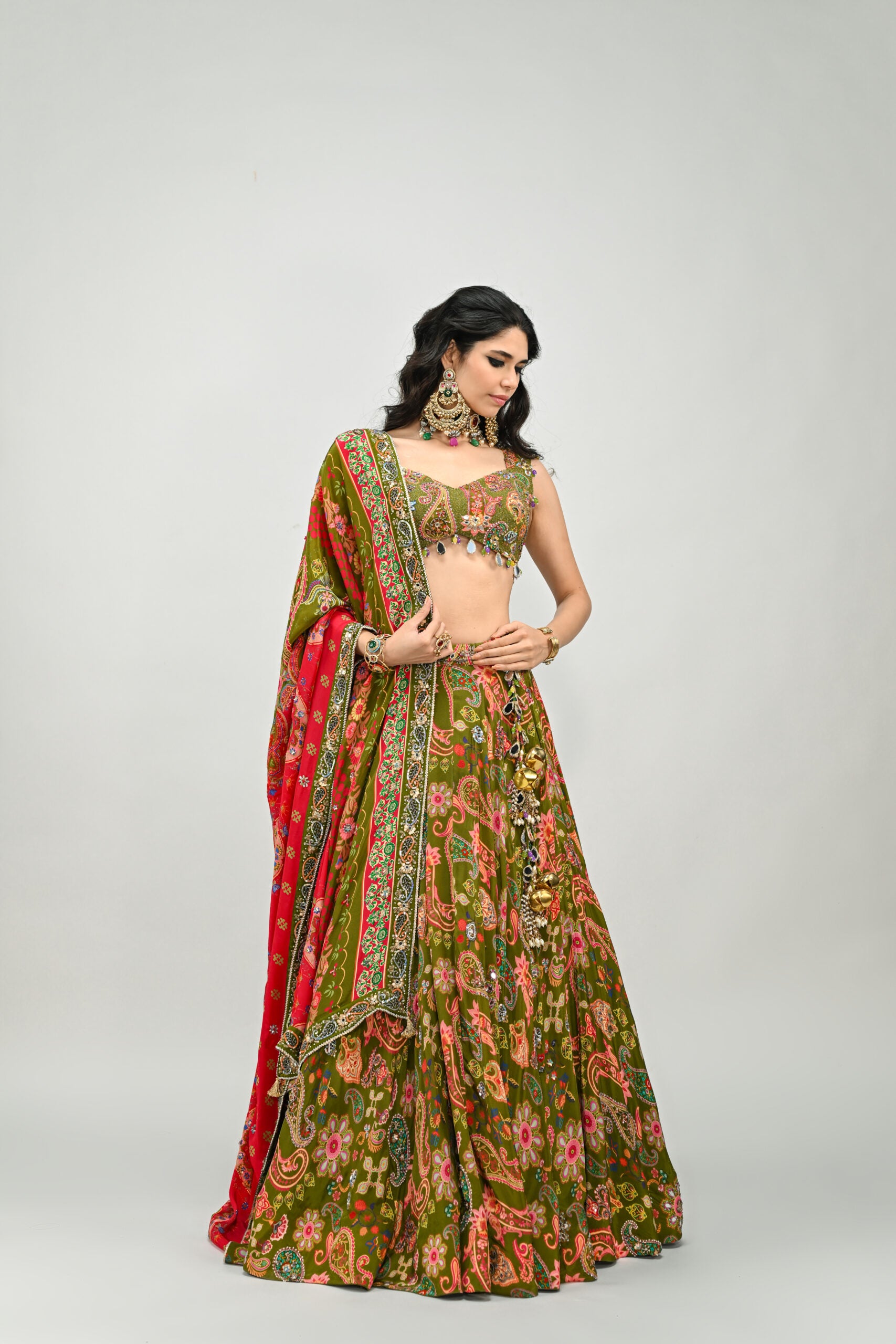 Olive Highlighted Lehenga Paired With Badla Embroidered Olive Blouse and  Dual Print Highlighted Dupatta image 5
