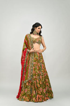Olive Highlighted Lehenga Paired With Badla Embroidered Olive Blouse and  Dual Print Highlighted Dupatta image 5
