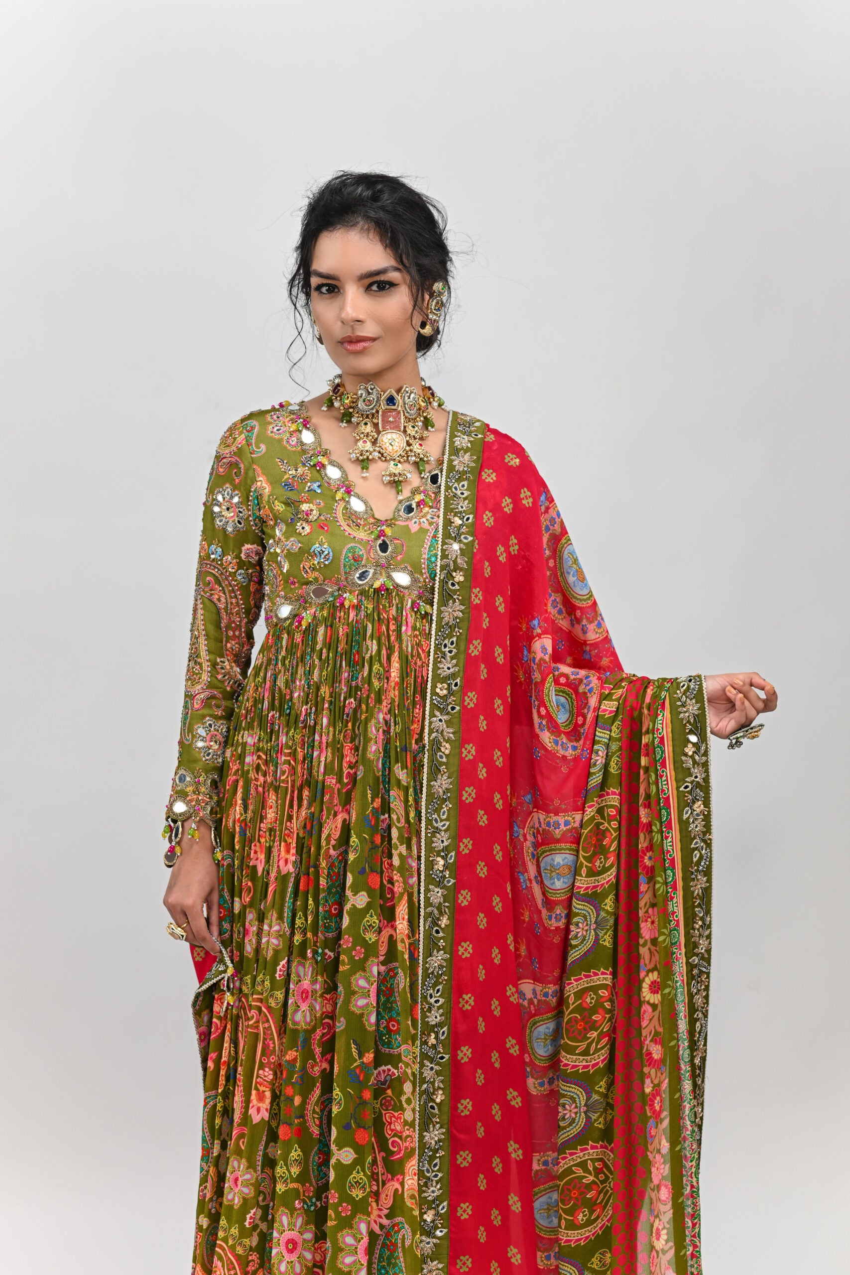 Olive Green Highlighted Anarkali Paired with Dual Print Dupatta image 2