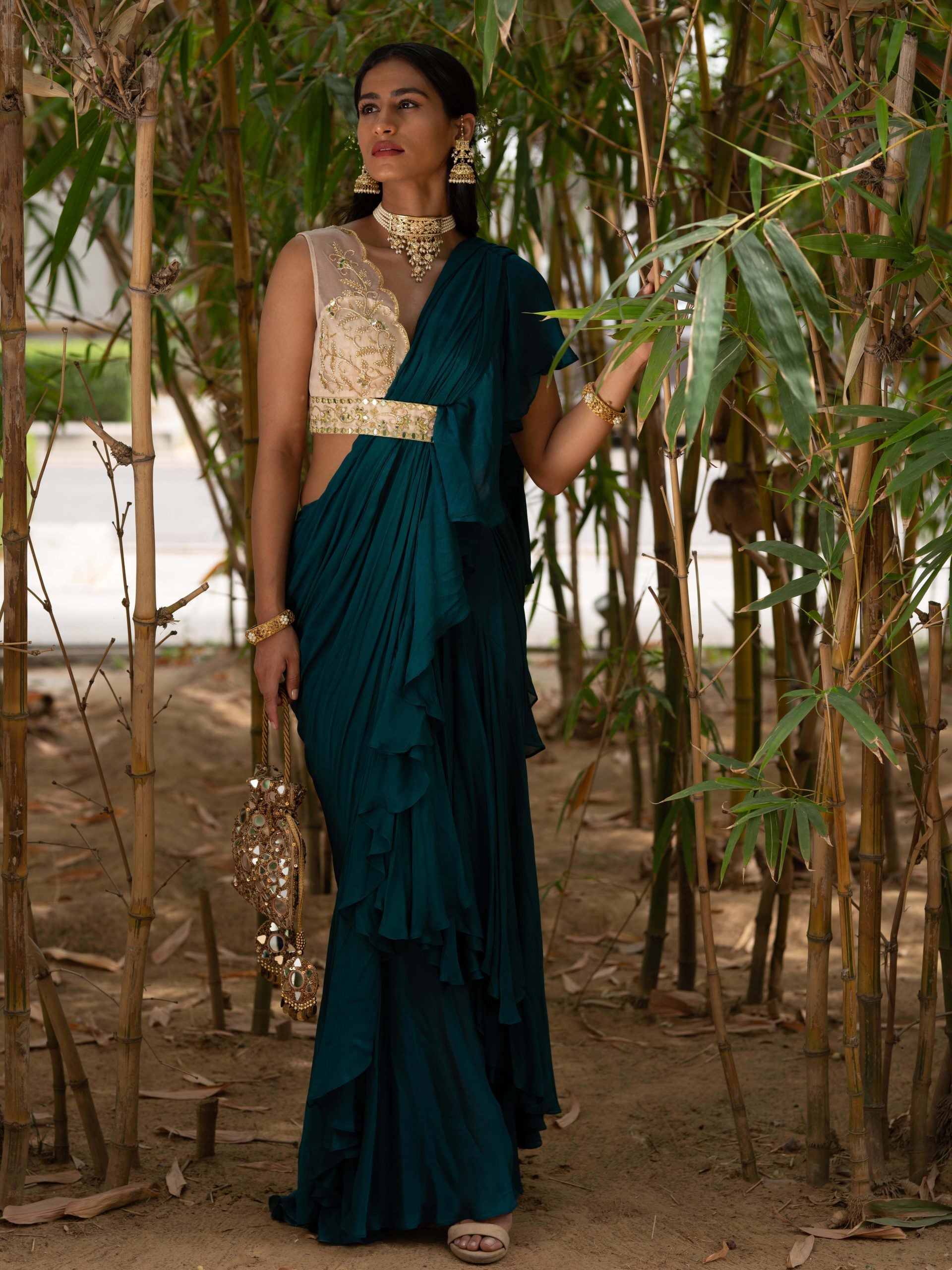 Teal Green Zuri Ruffle Saree - S image