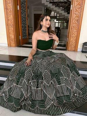 Green Metallic Sequins Georgette Lehenga Set image 1