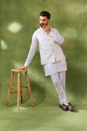 White Jacquard Jacket Kurta Set - Custom image