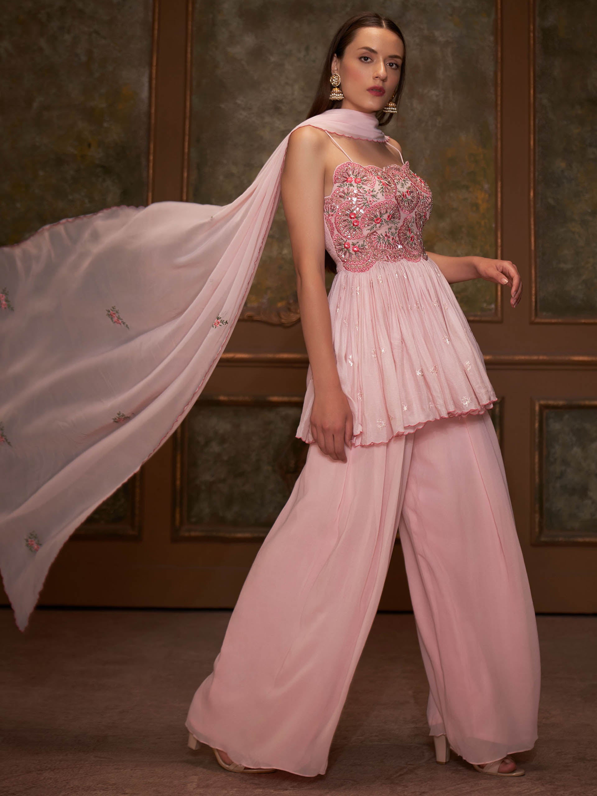 Pink Floral Short Anarkali Set - L image