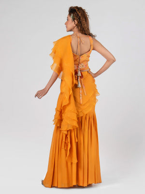 Pre Drape Yellow Saree Set image 1