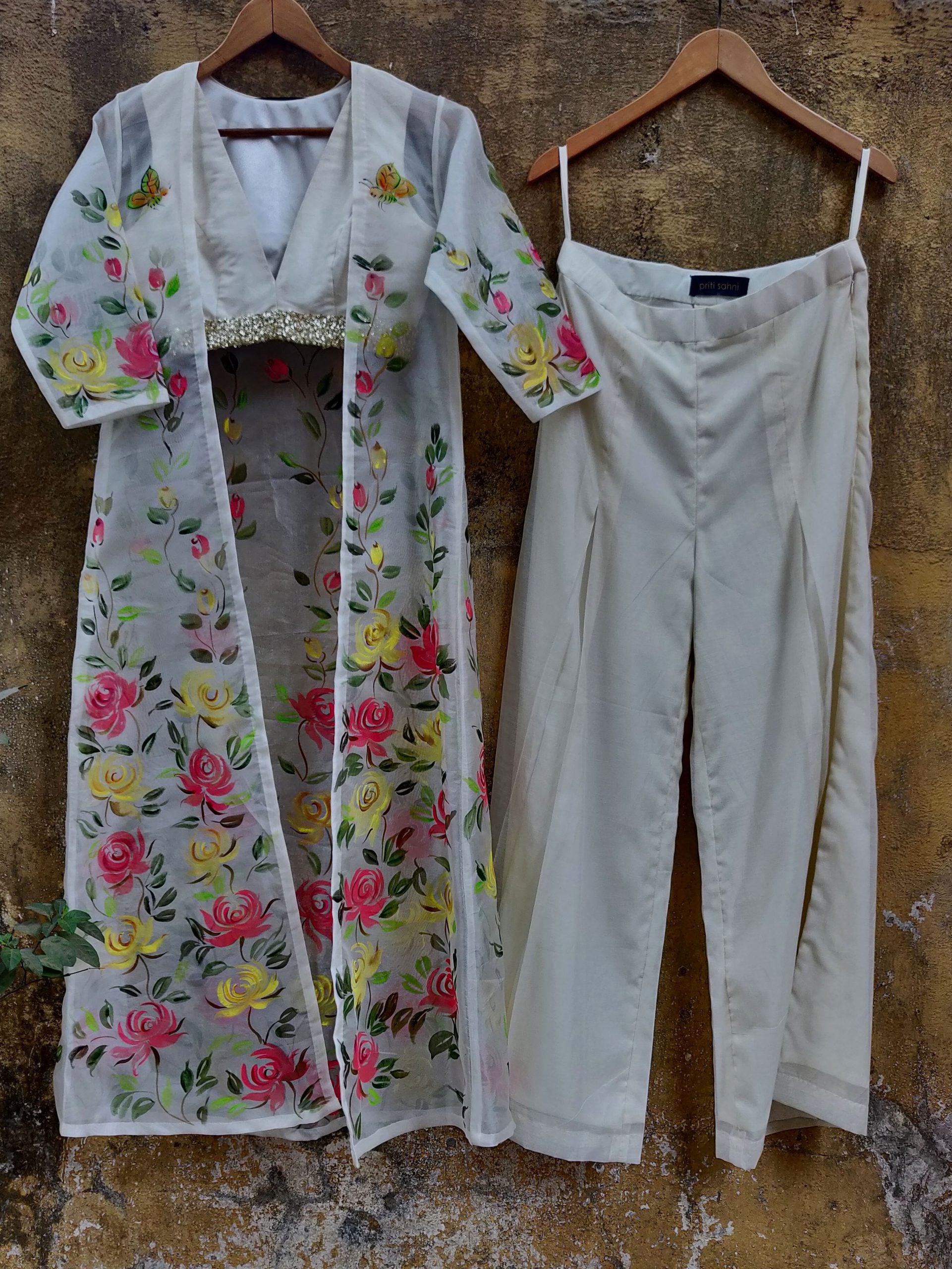 Ivory Palazzo with Hand Painted Long Jacket image 1