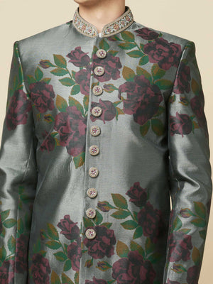 Grey Embroidered Sherwani Set image 4