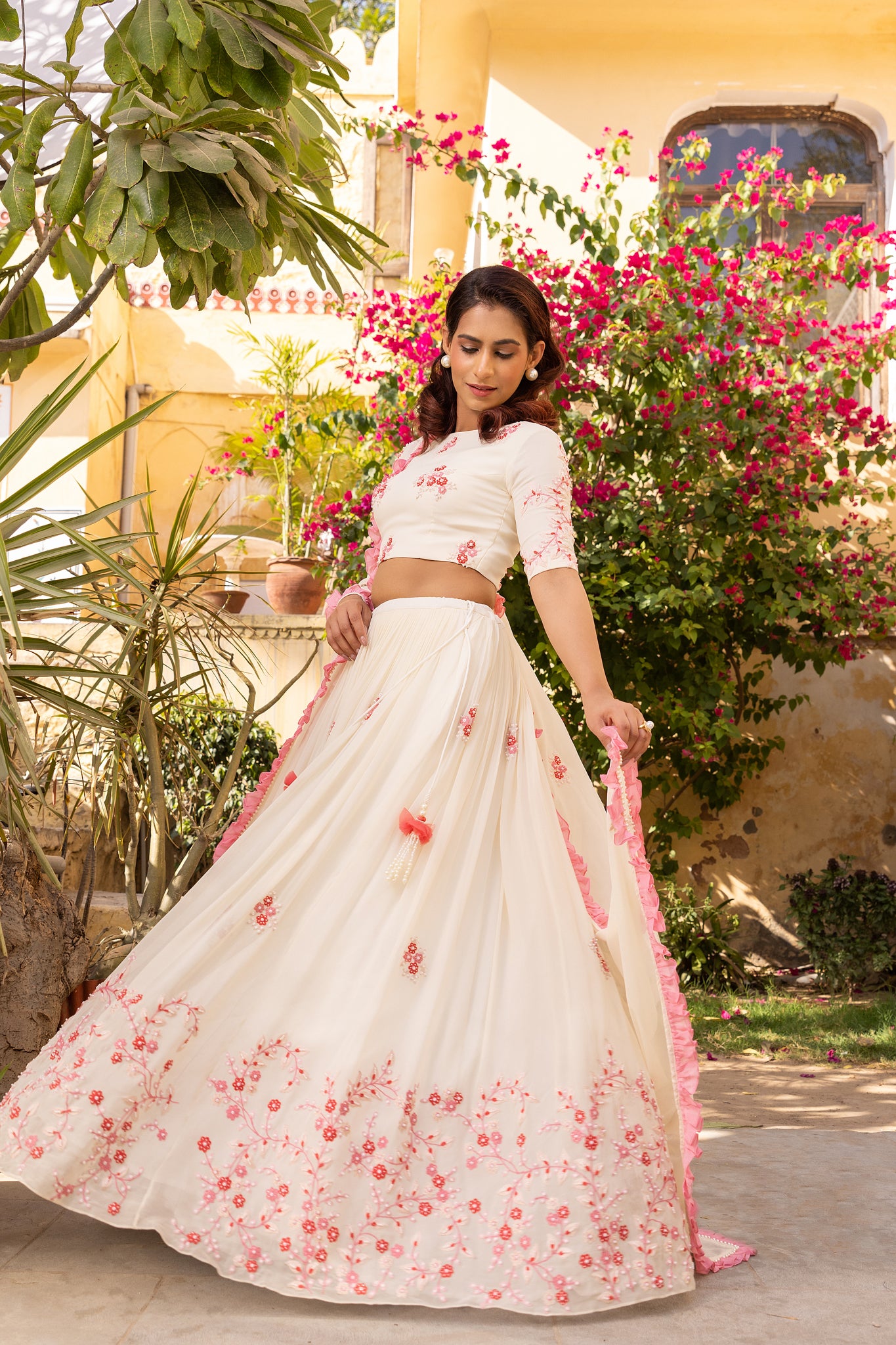 Floral Off-White Thread Embroidered Lehenga Set image 2