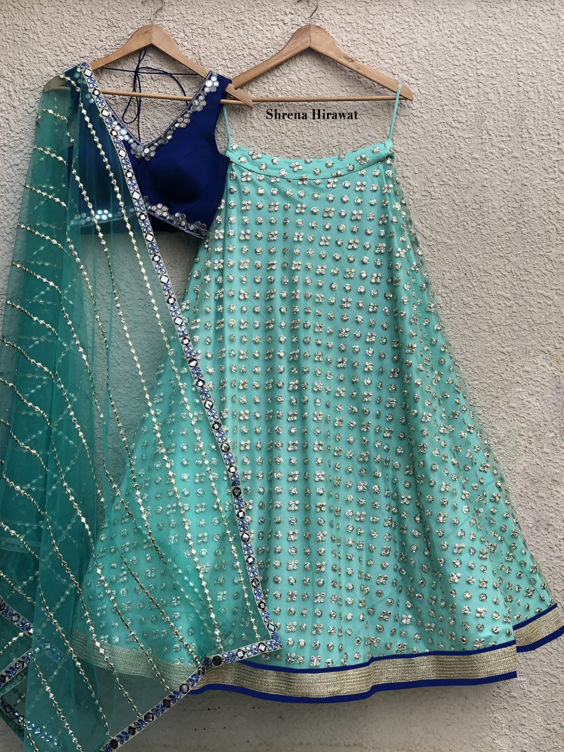 Royal Blue Blouse with Aqua Mirror Lehenga - Custom image
