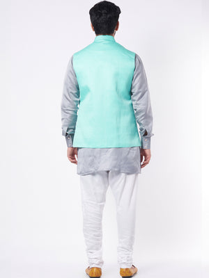 Turquoise Bundi Jacket With Grey Kurta Set image 2