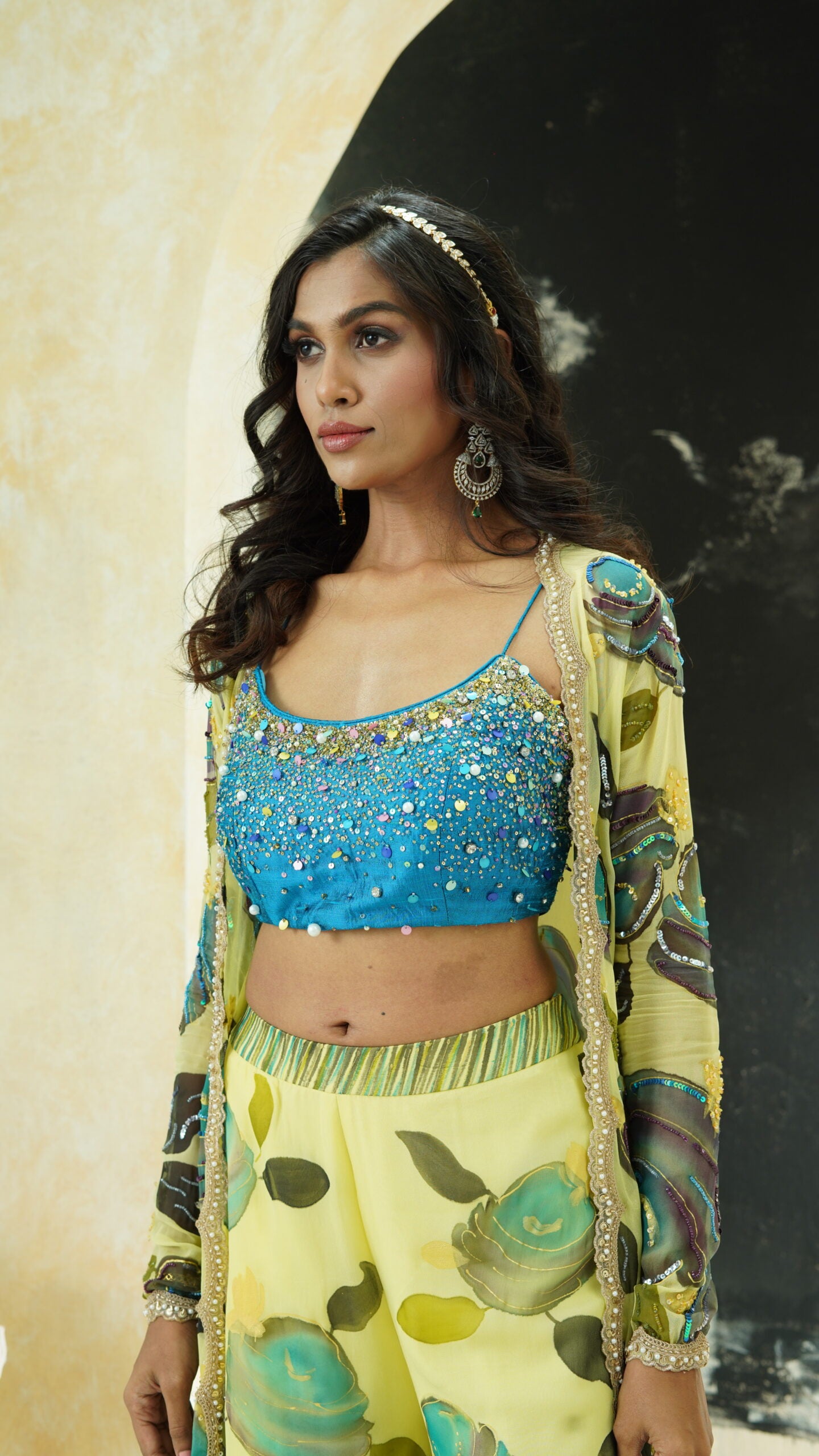 Lime Yellow hand painted palazzo and jacket set image 1