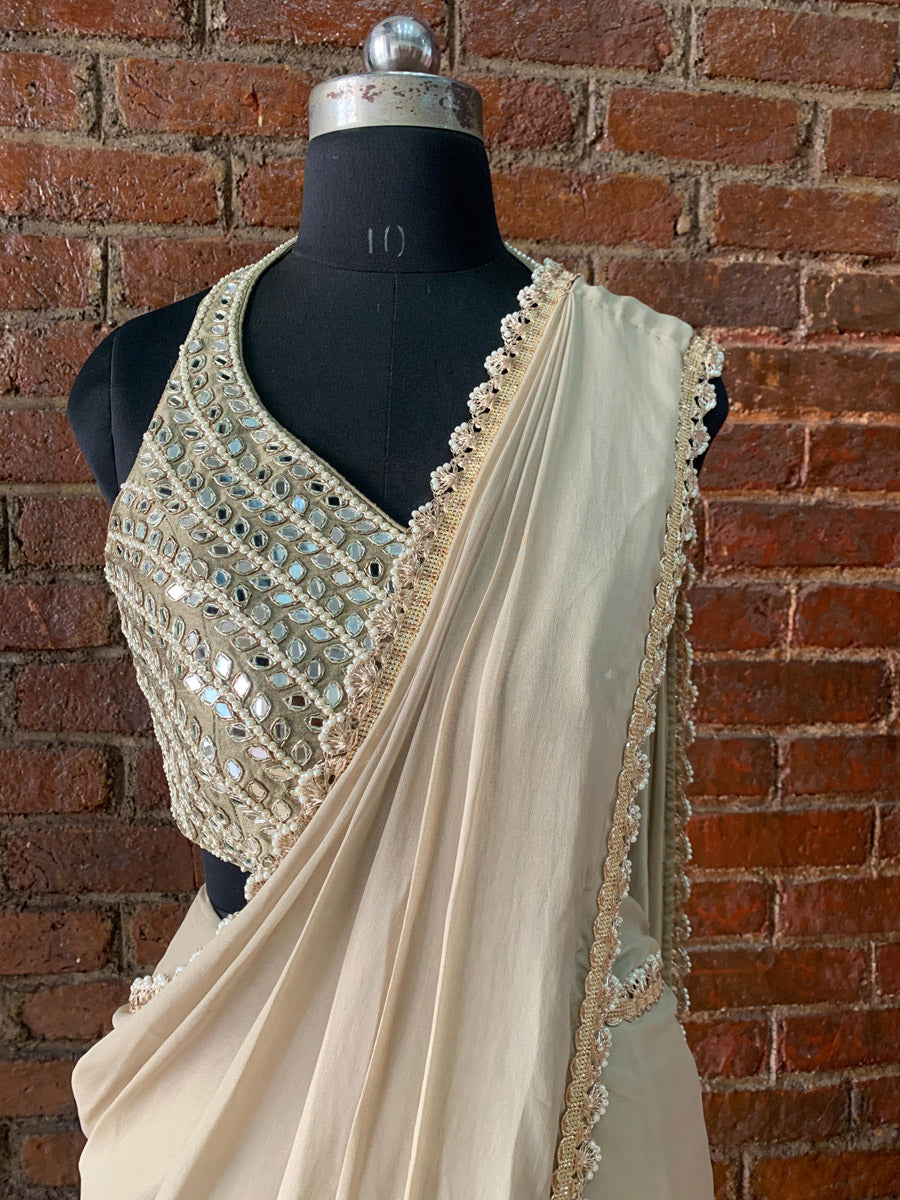 Beige Pre-stitched Saree With Mirror Blouse image 3