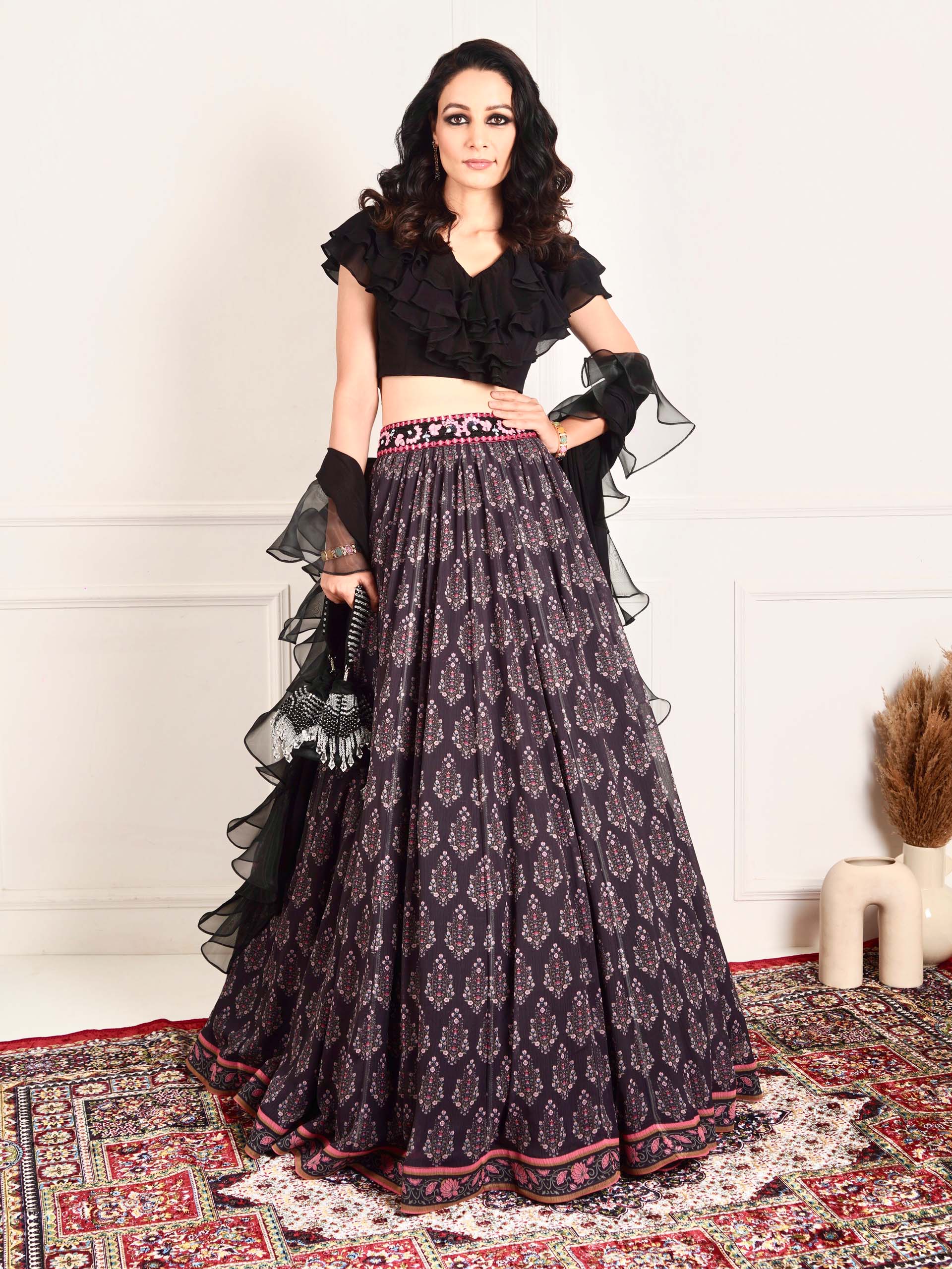 Black Imaara Printed Lehenga Set image 14