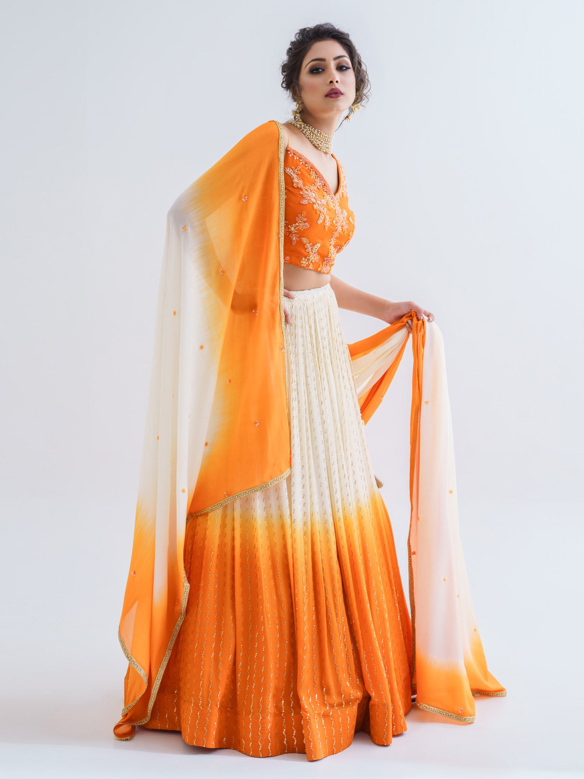Off-White Orange Ombre Lehenga Set - M image