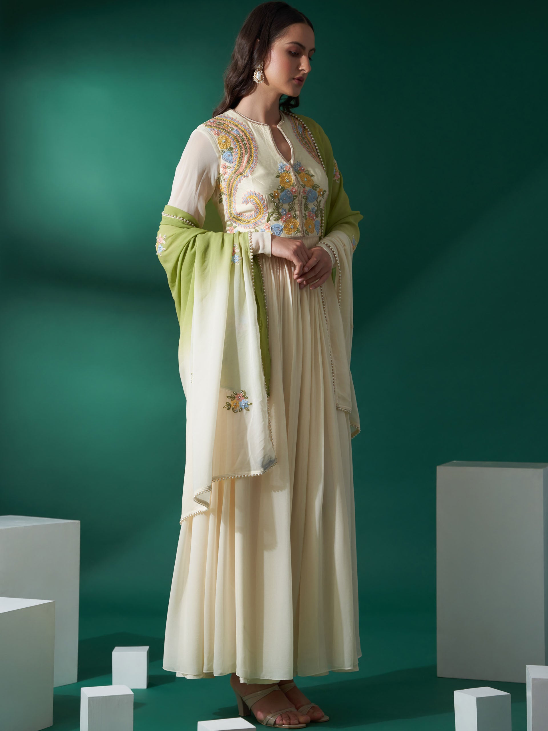 Cream Green Koti Jacket Anarkali Set image 3