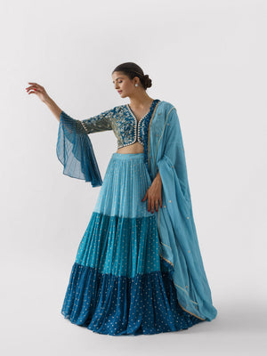 Blue Three Layered Lehenga Paired With Blouse And Dupatta image 1