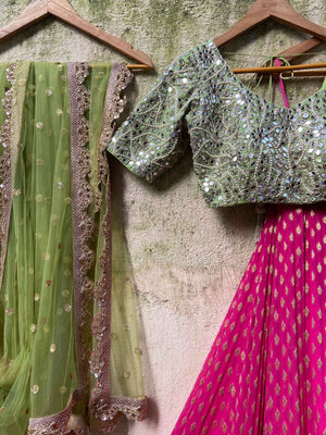 Fuchsia and Olive Green Zari Lehenga Set image 1