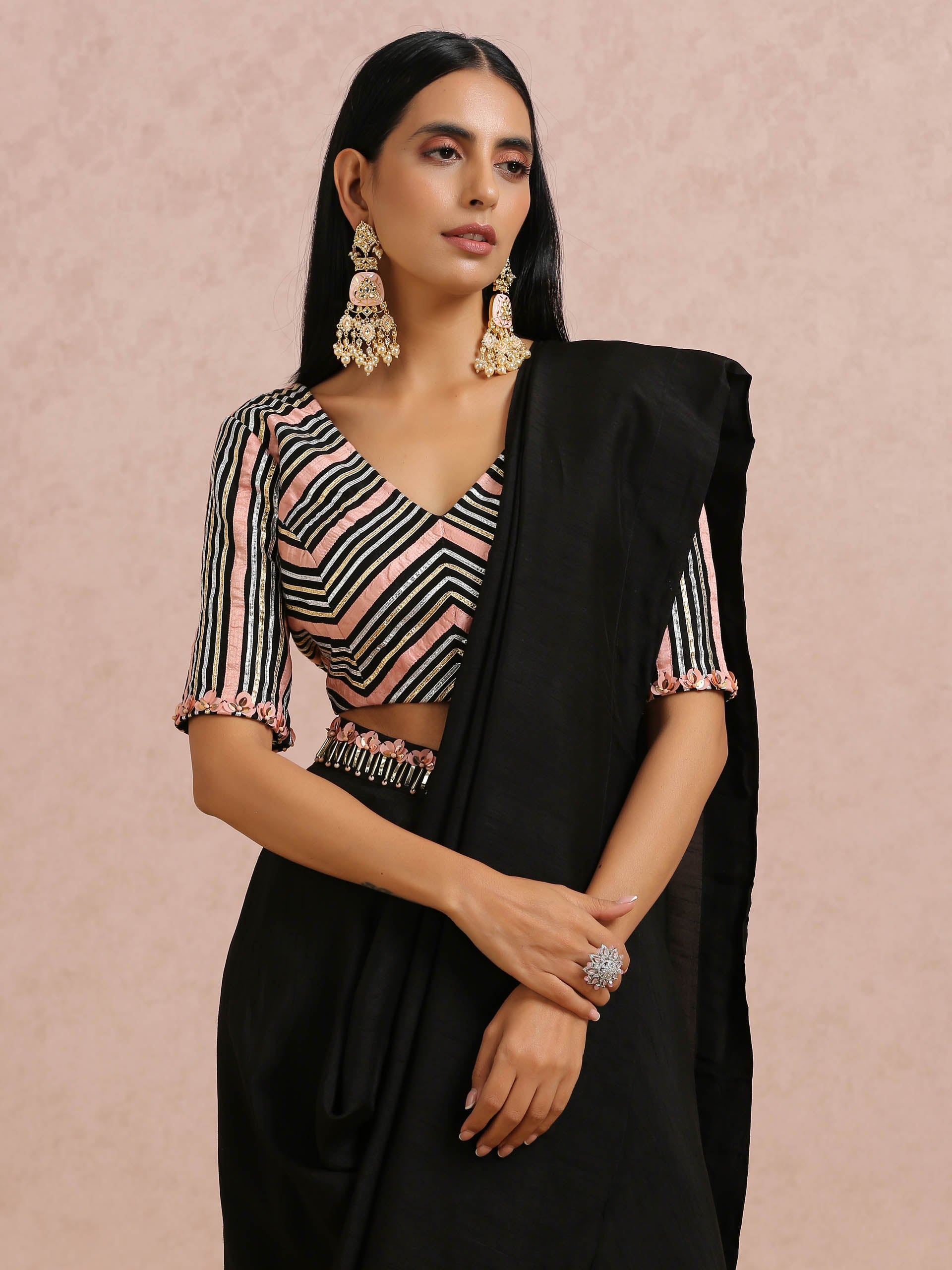 Black and Peach Pre Draped Saree Set image 3