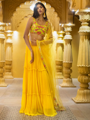 Yellow Floral Embroidered Lehenga Set image 0