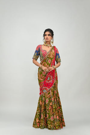 Olive Highlighted Dual Pre-stitched Saree Paired With Patch Blouse - L image