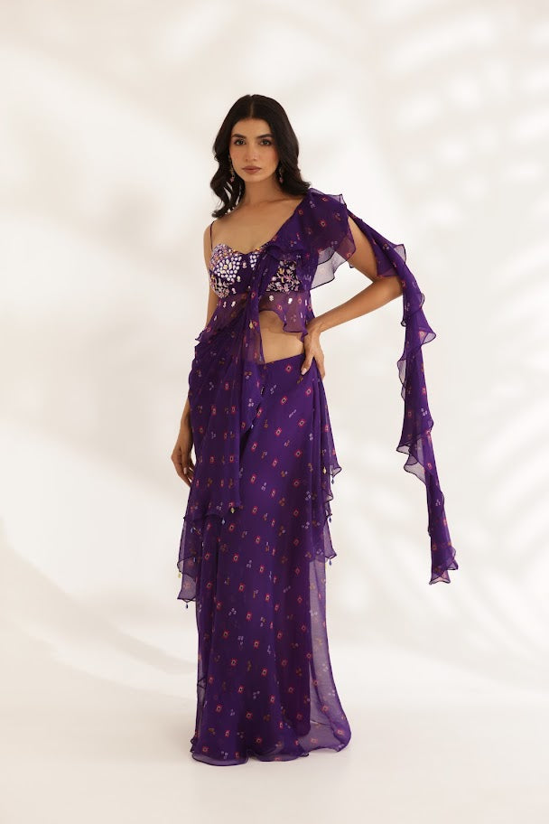 Purple Bandhani Pre-Drape Saree Set - M image