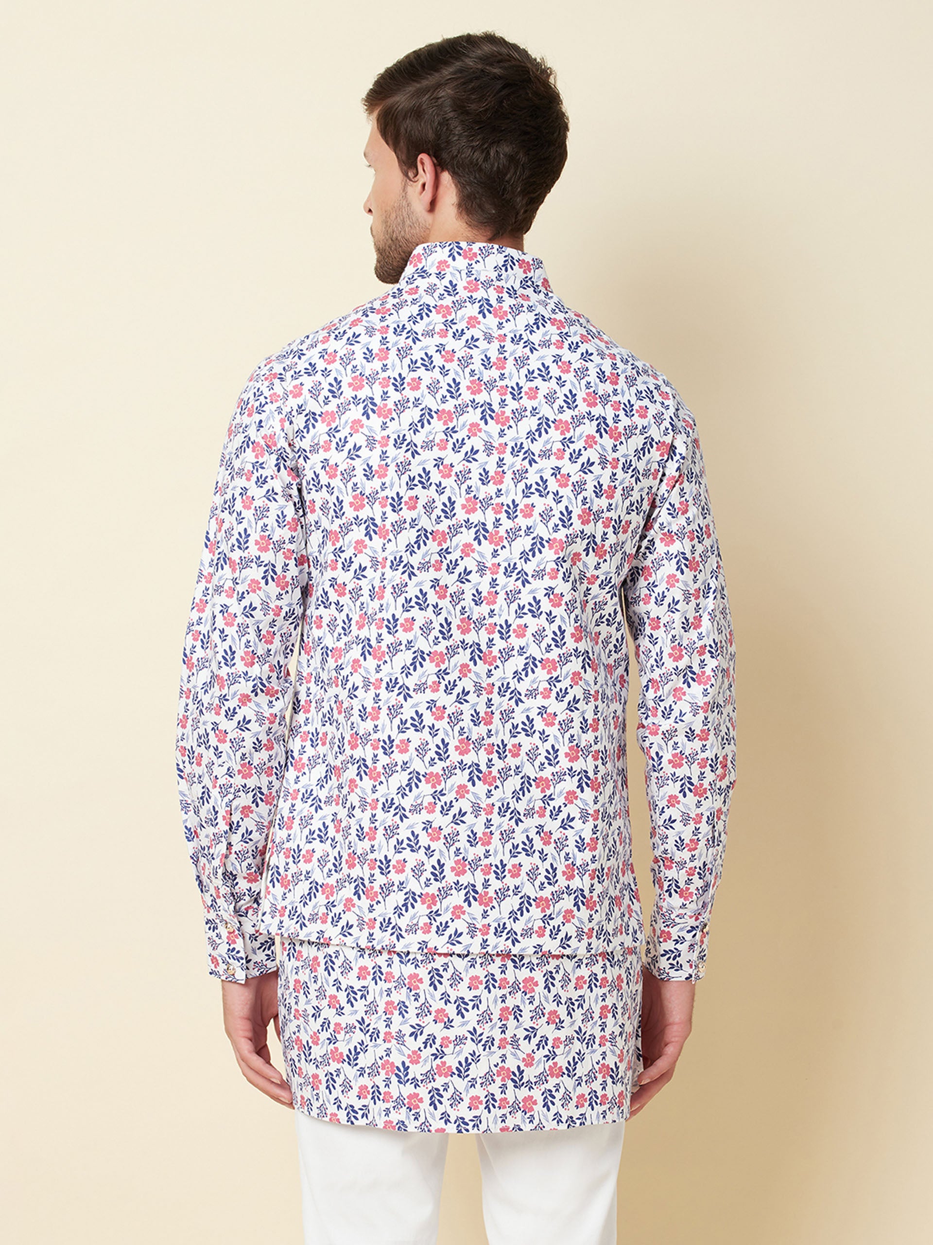 White Floral Print Jacket with Kurta Set image 5