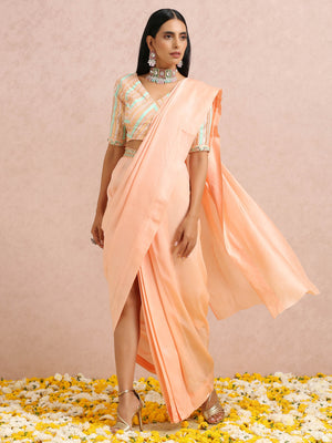 Peach and Mint Pre Draped Saree Set image 4