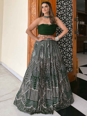 Green Metallic Sequins Georgette Lehenga Set - M image