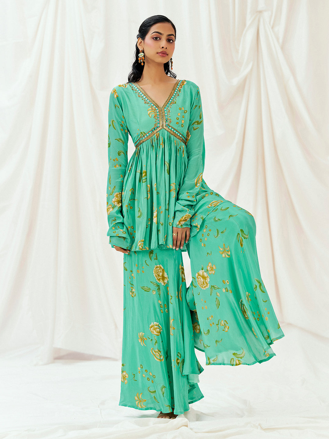 Turquoise Blue Printed Embroidered Peplum Sharara Set image 3