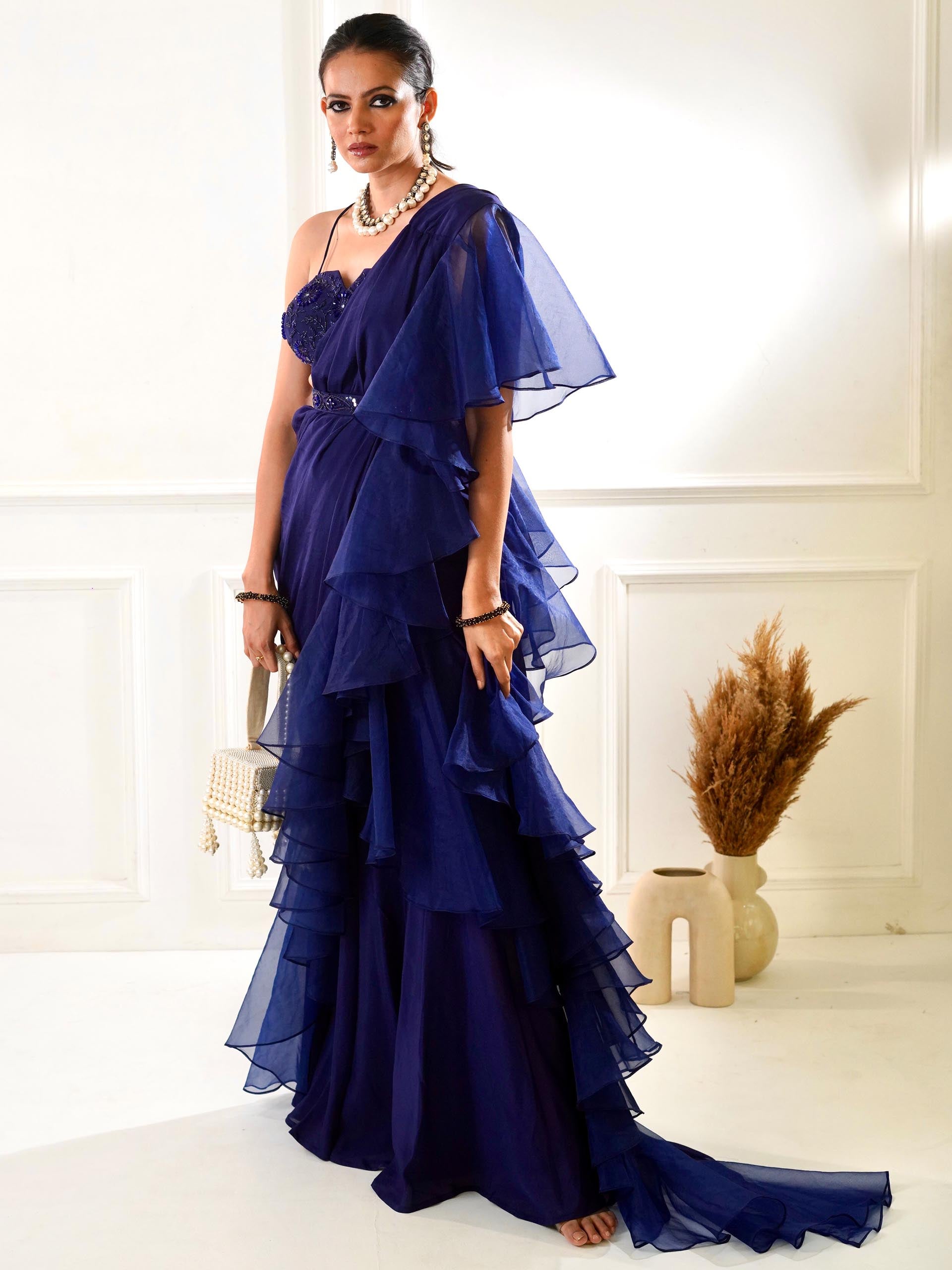 Nikasha Blue Ruffle Saree Set image 3
