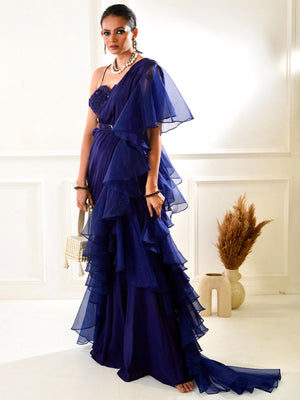 Nikasha Blue Ruffle Saree Set image 3