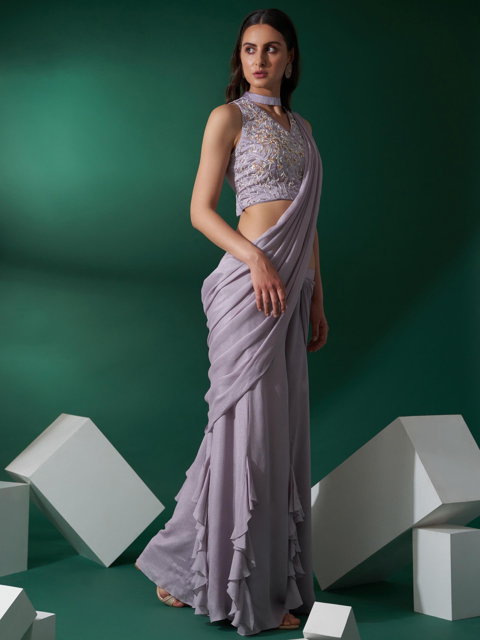 Lilac Pre Draped Pant Saree Set image 3