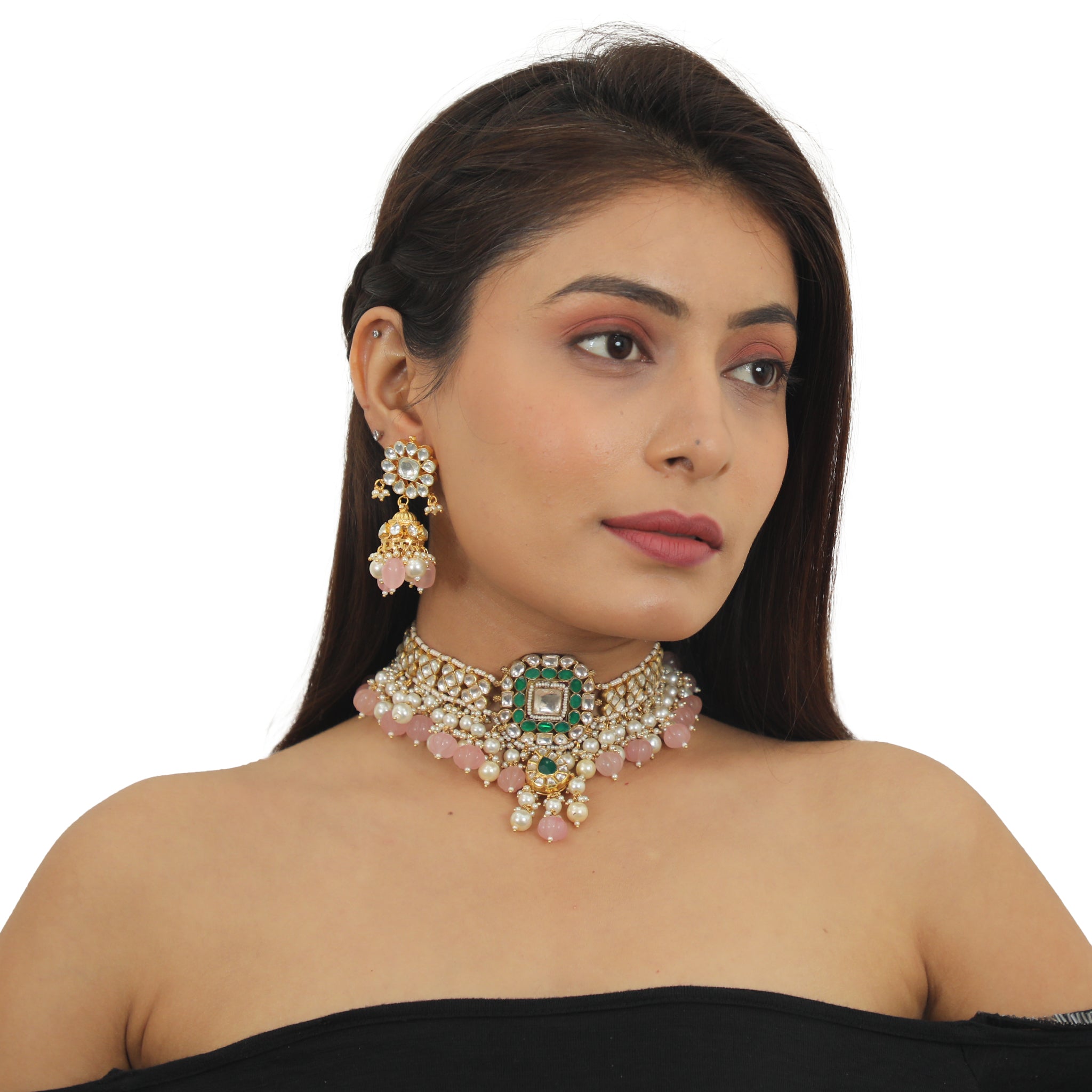 Green And White Choker Necklace Set With Pearls image 2