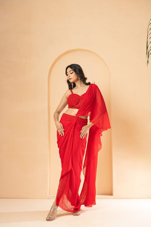 Red Crystal Embellished Drape Saree - M image