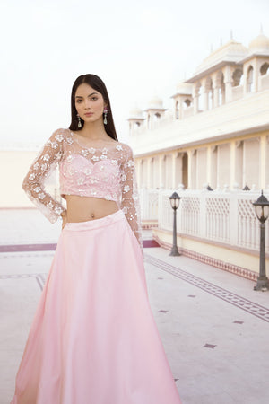 Rose Pink Floral Blouse with Satin Skirt - S image