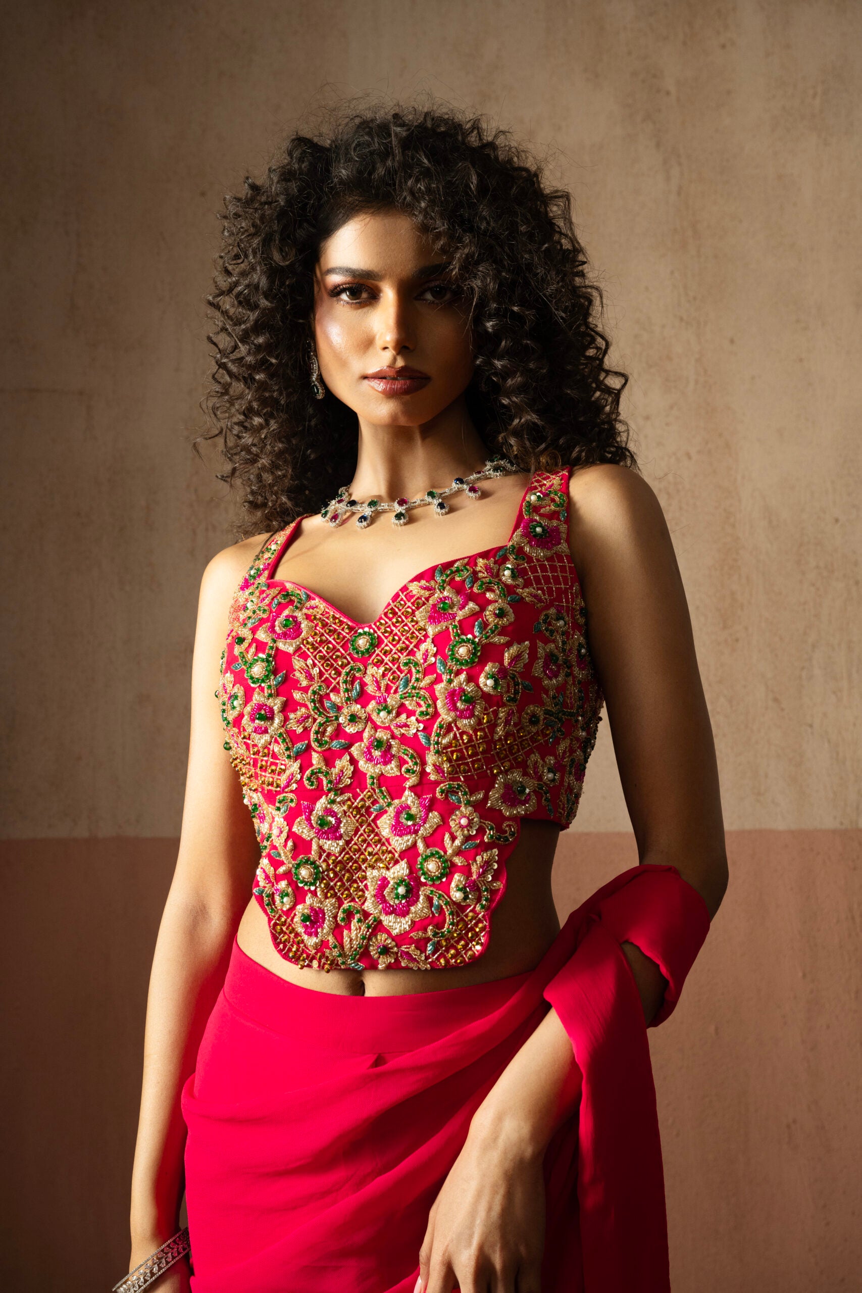 Pre-Draped Fuschia Pink Embroidered Georgette Saree With Corset Blouse image 2