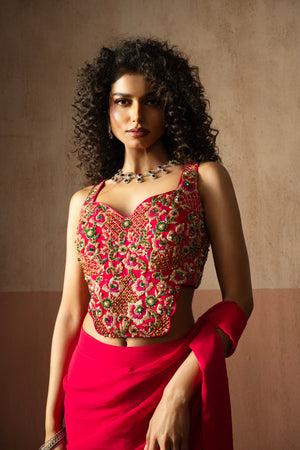 Pre-Draped Fuschia Pink Embroidered Georgette Saree With Corset Blouse image 2