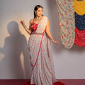 Ivory Printed And Embroidered Drape Saree Set image 0