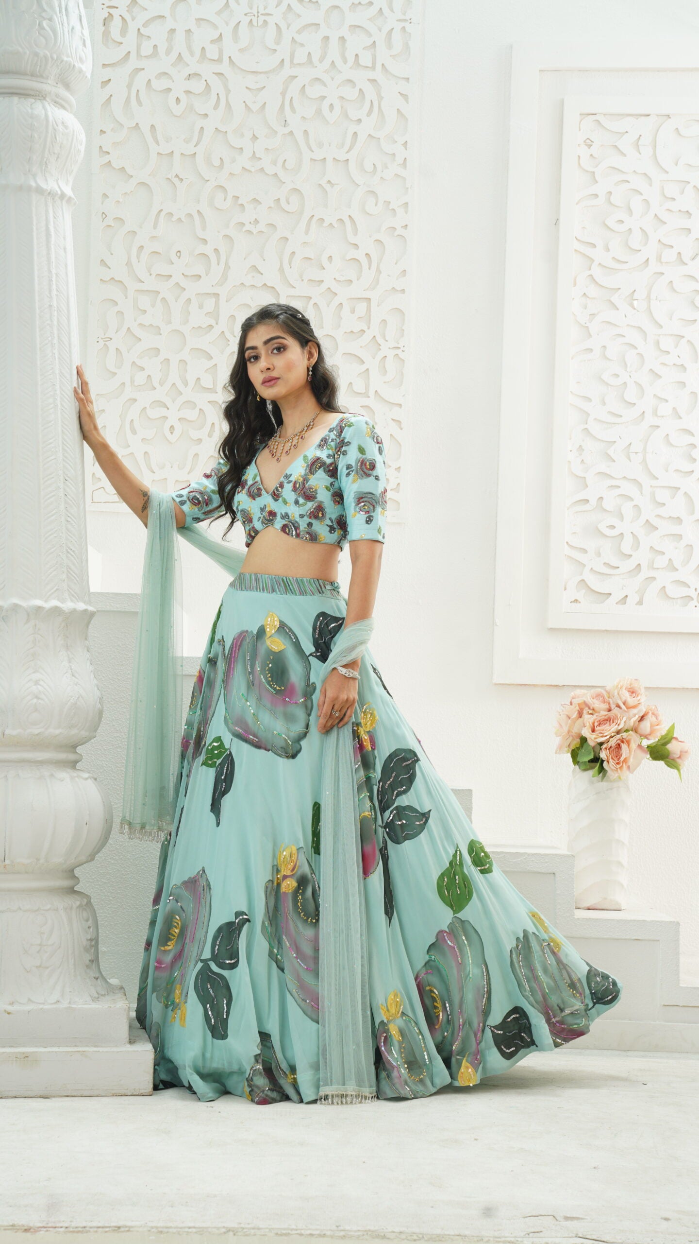 Dusty Blue hand painted lehenga set image 4