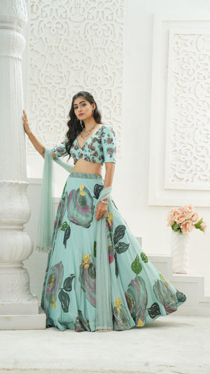 Dusty Blue hand painted lehenga set image 4