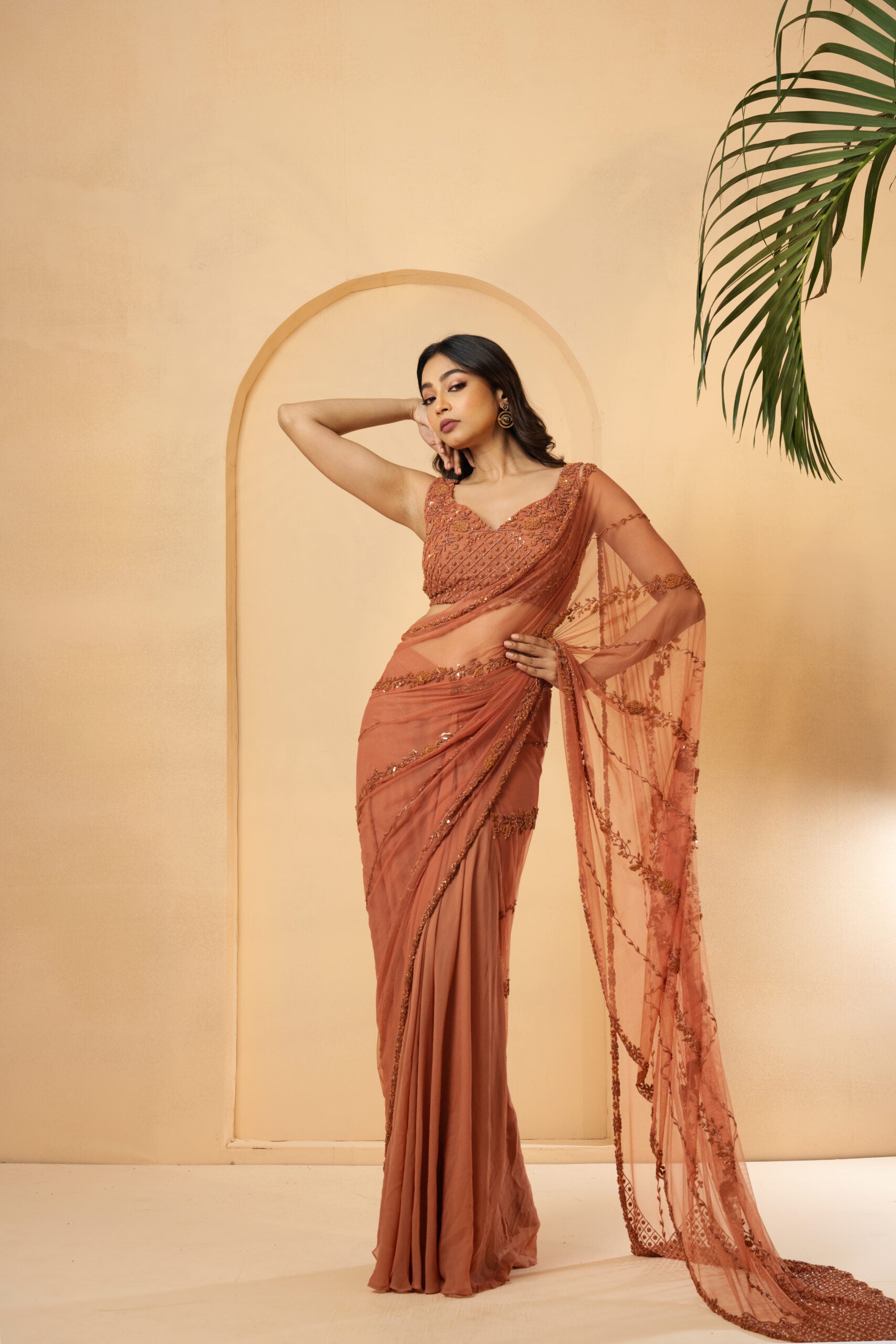Dust Pink Embellished Drape Saree - M image