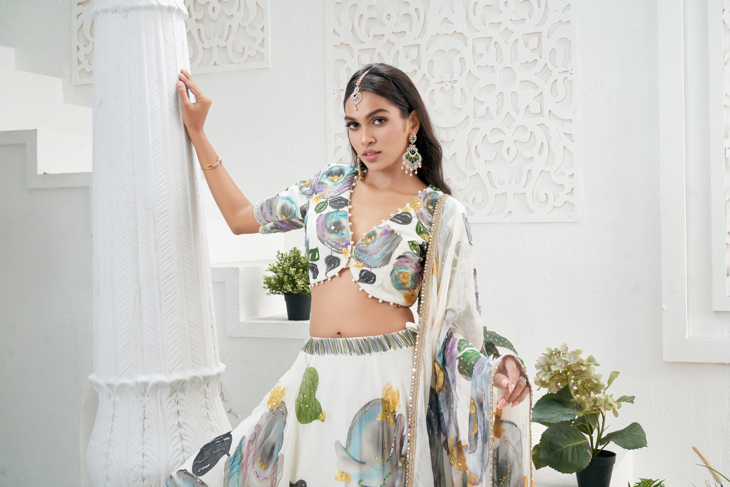 Ivory hand painted lehenga set image 6